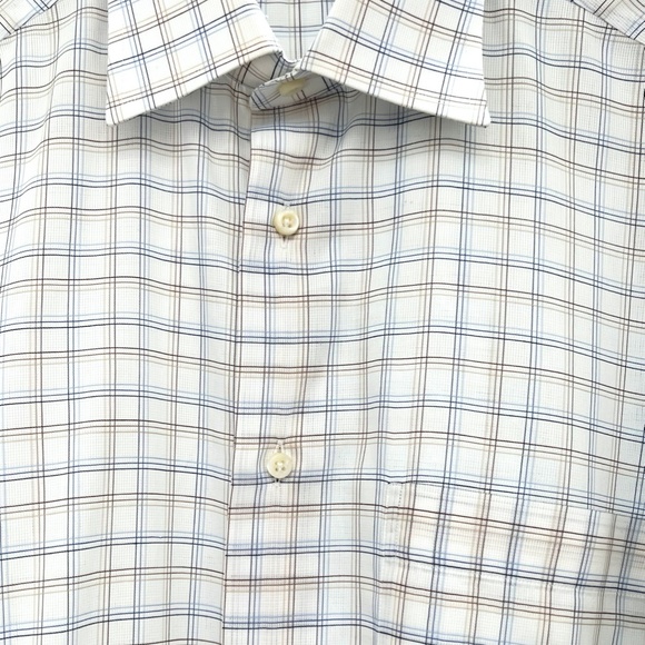 ERMENEGILDO ZEGNA WHITE W BLUE & BROWN GRID PATTERN CHECKED COTTON DRESS SHIRT - Picture 2 of 11